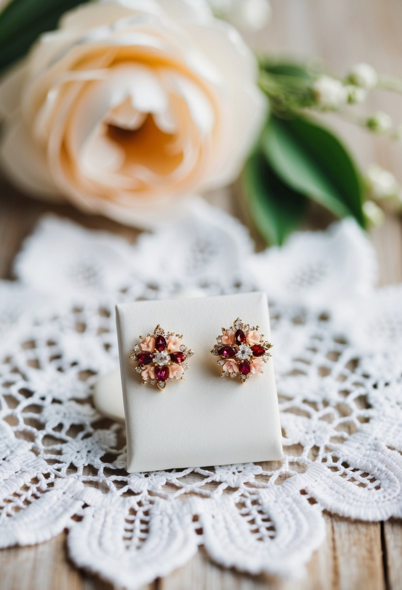 A delicate floral earrings display on a white lace background with soft natural lighting