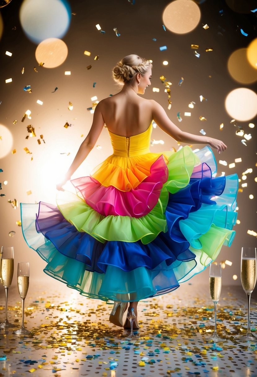 A colorful ruffled hem dress twirls on a sunlit dance floor, surrounded by scattered confetti and empty champagne glasses