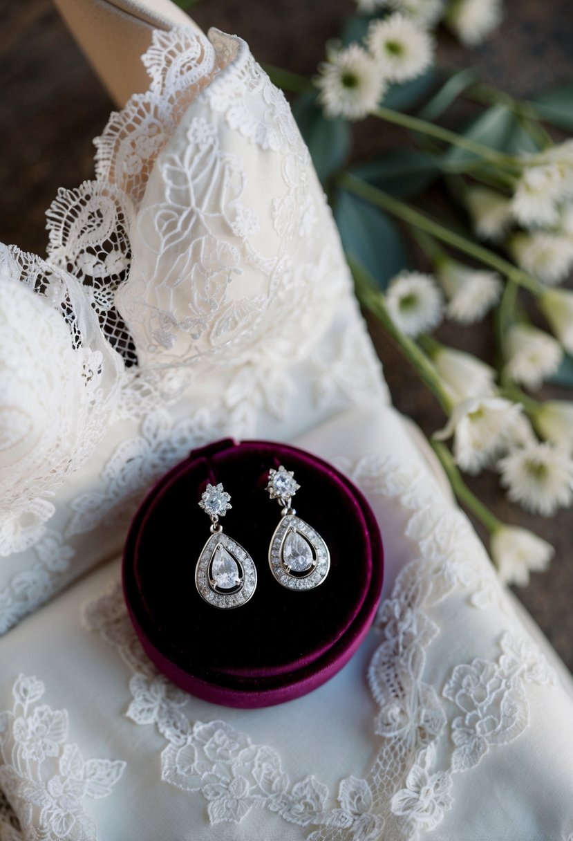 A pair of elegant silver drop earrings displayed on a velvet cushion, surrounded by delicate lace and a strapless wedding dress