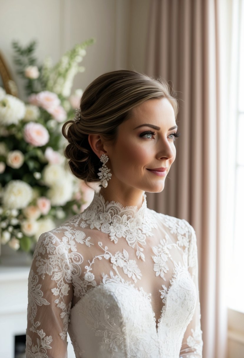 A bride in a high-necked lace dress, wearing elegant wedding earrings, stands in a softly lit room, surrounded by delicate flowers and romantic decor