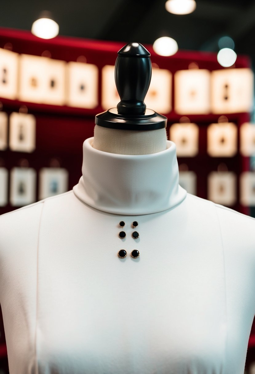 A white high-neck dress with simple stud earrings on a velvet display