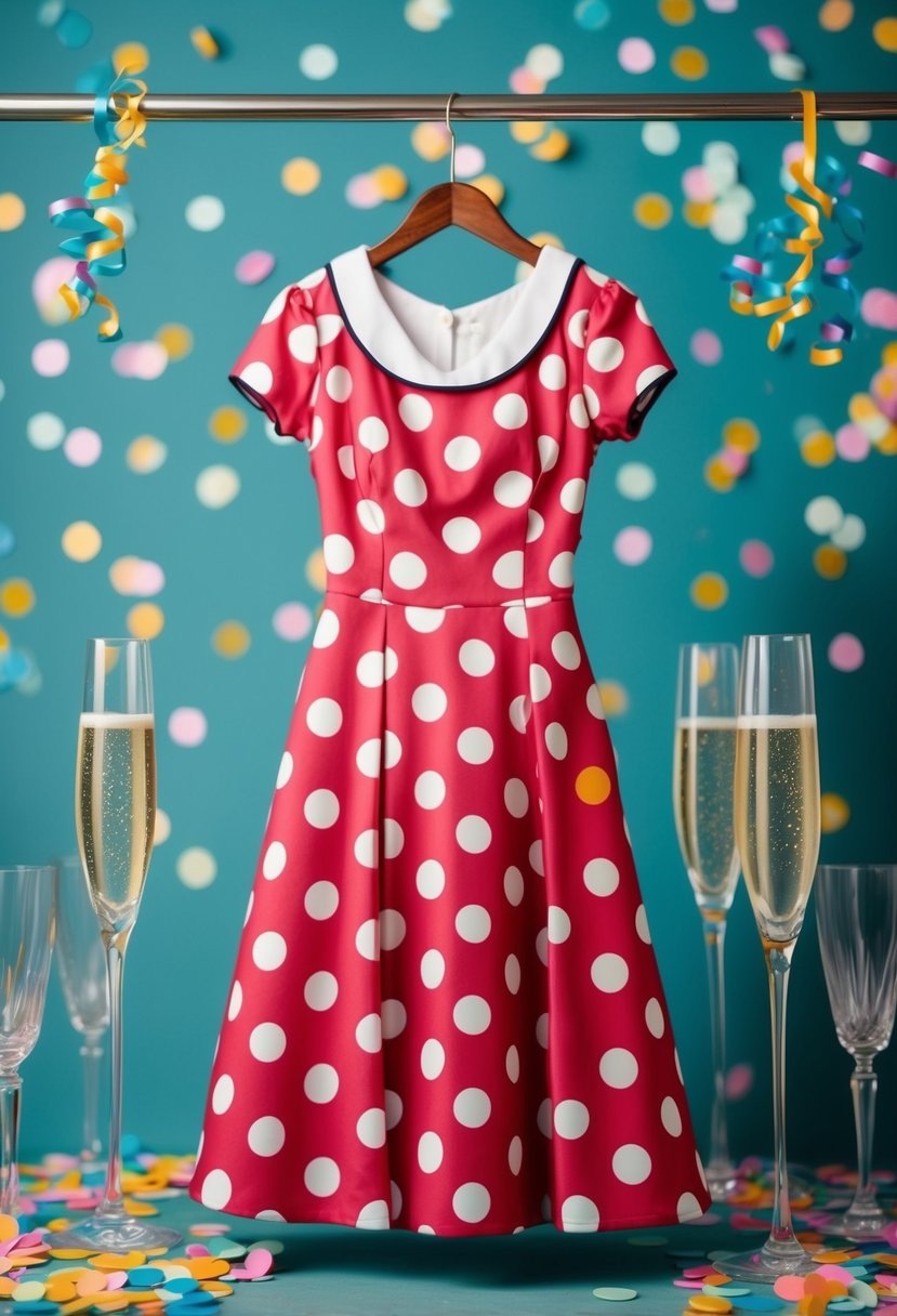 A retro polka dot tea dress hanging on a vintage coat rack, surrounded by colorful confetti and empty champagne glasses