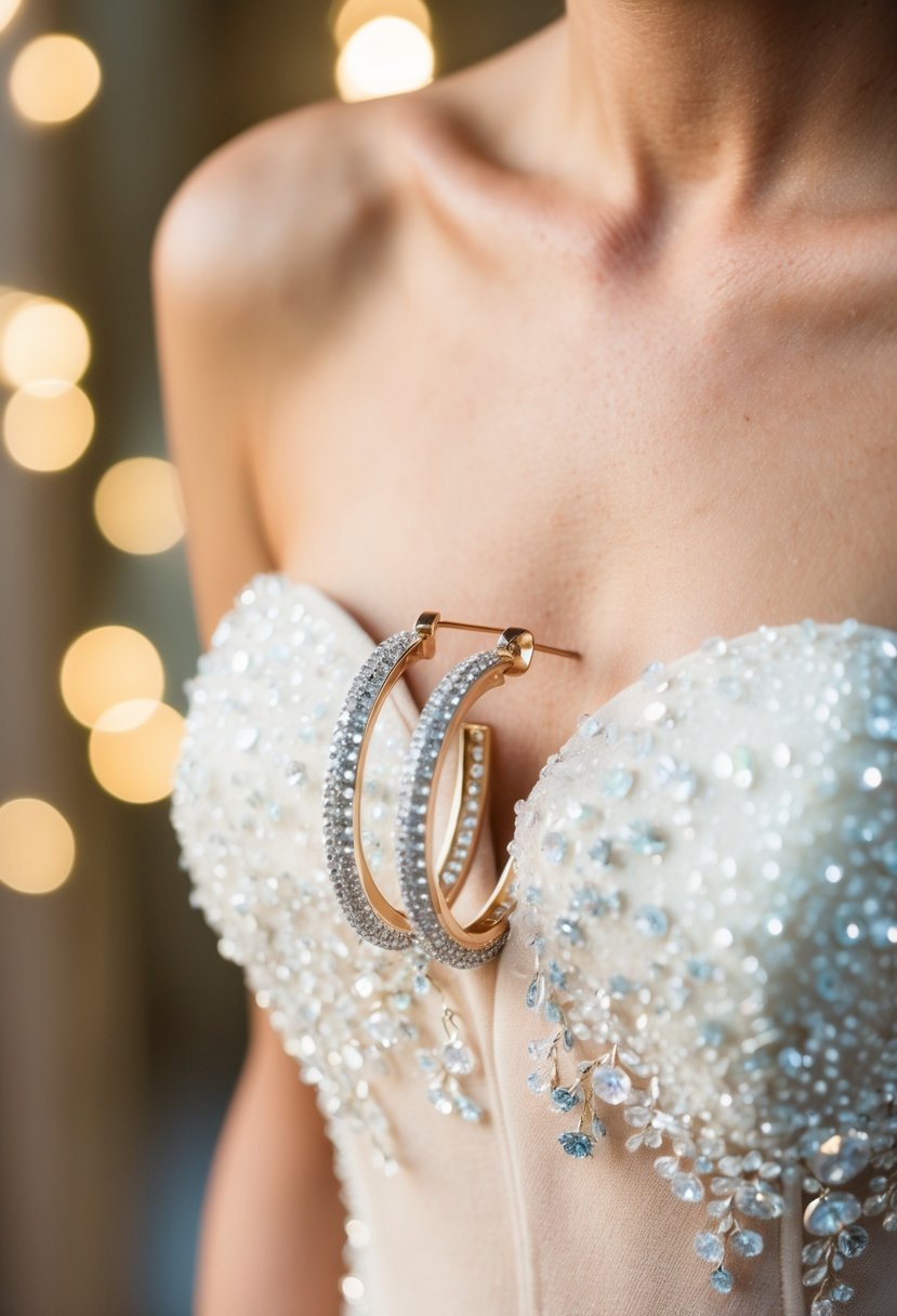 A sparkling pair of rhinestone hoop earrings dangle from a delicate strapless dress, perfect for a glamorous wedding ensemble