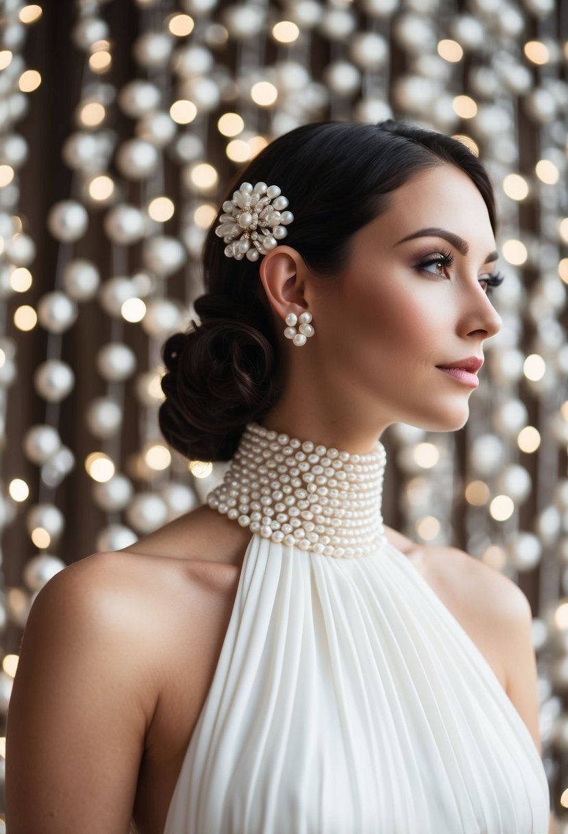 A graceful high-necked dress adorned with elegant pearl studs, set against a backdrop of wedding earrings ideas