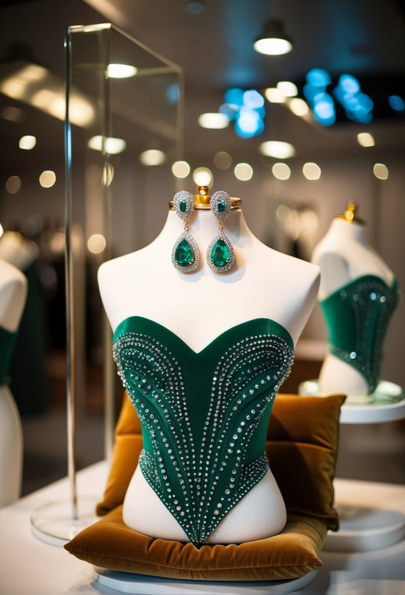 A luxurious emerald studs strapless dress with elegant wedding earrings on a velvet display cushion