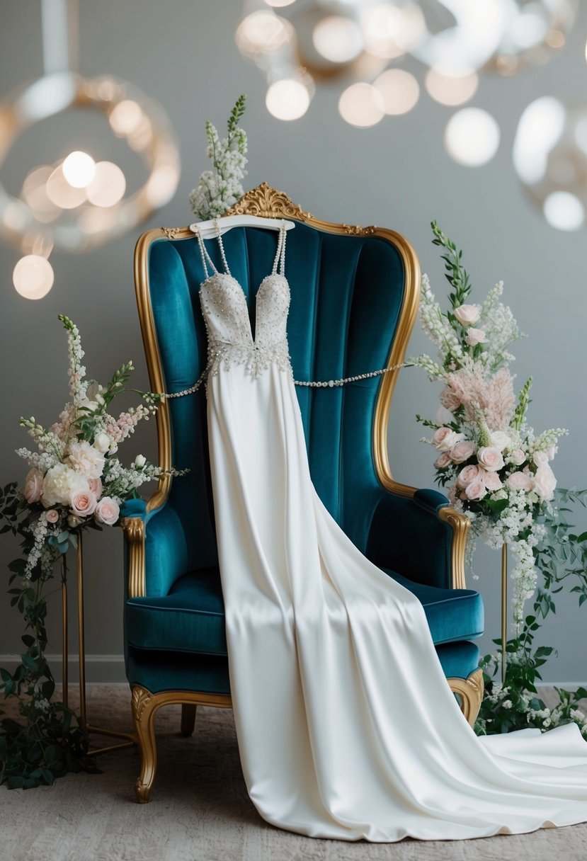 An elegant long-sleeve gown draped over a luxurious velvet chair, surrounded by sparkling jewelry and delicate floral arrangements