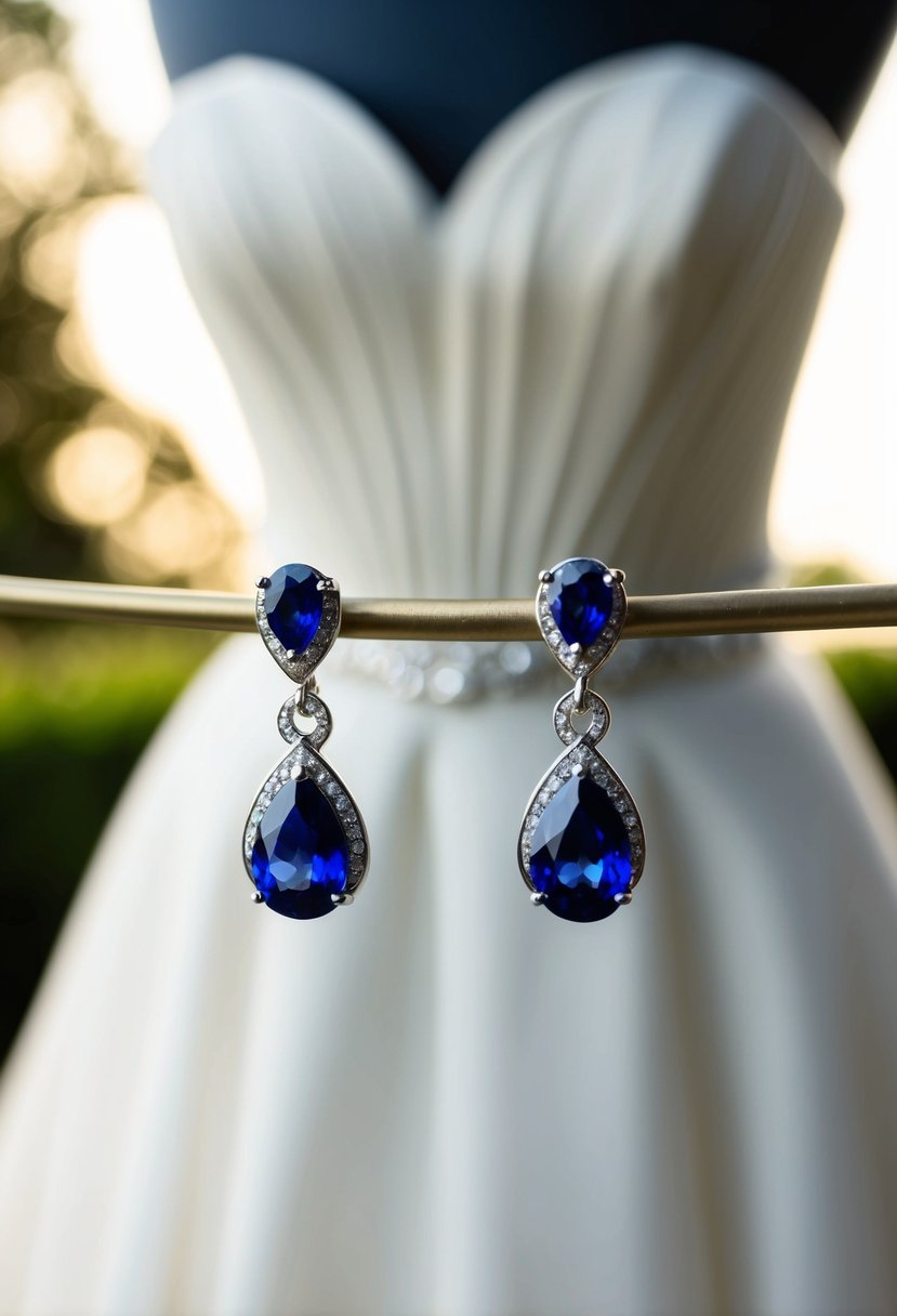 A pair of elegant sapphire drop earrings glinting in the soft light, set against a backdrop of a luxurious strapless wedding dress