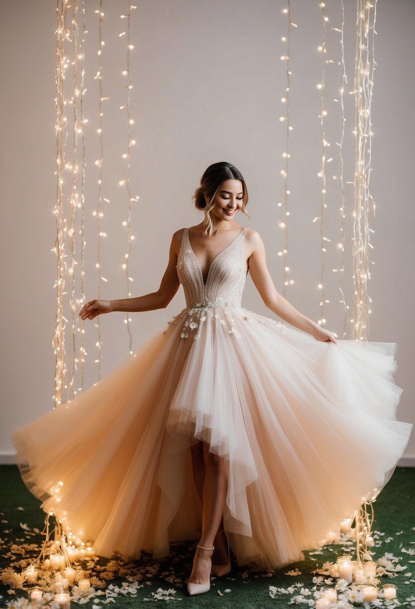 A woman twirls in a flirty asymmetrical tulle dress, surrounded by twinkling lights and scattered flower petals