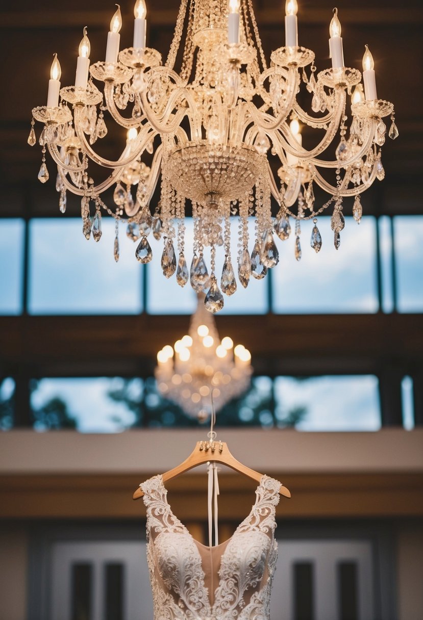 A chandelier hangs above a high-necked wedding dress with dangling earrings