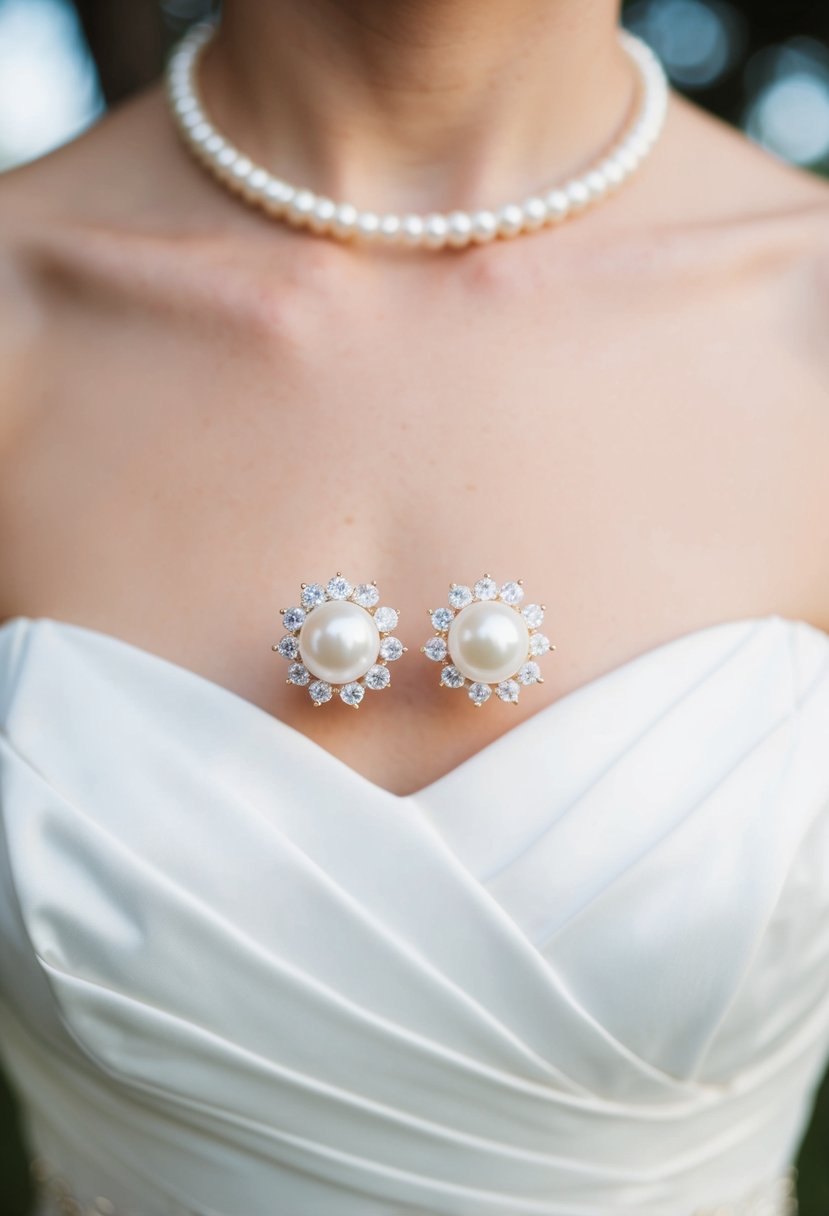 A close-up of pearl stud earrings against a backdrop of a strapless wedding dress