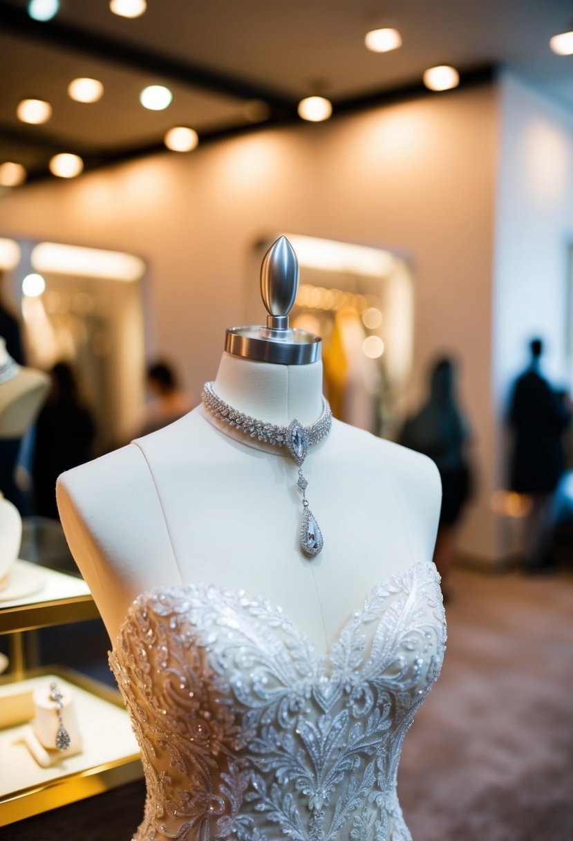 A high-necked wedding dress with teardrop earrings on a jewelry display