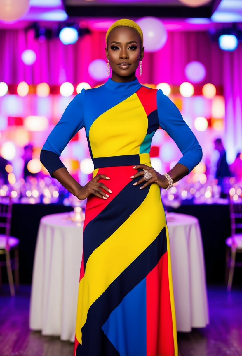 A vibrant, color-blocked maxi dress with bold hues and geometric patterns, set against a festive after-party wedding backdrop