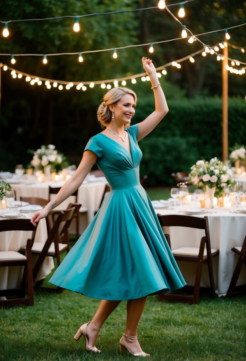 A woman in a vintage-inspired shift dress dances under string lights at a garden party wedding. Tables are adorned with delicate flower arrangements and candles