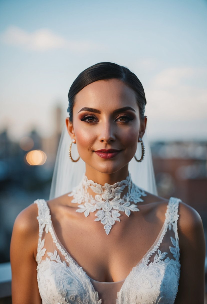 A high neck wedding dress with classic hoop earrings