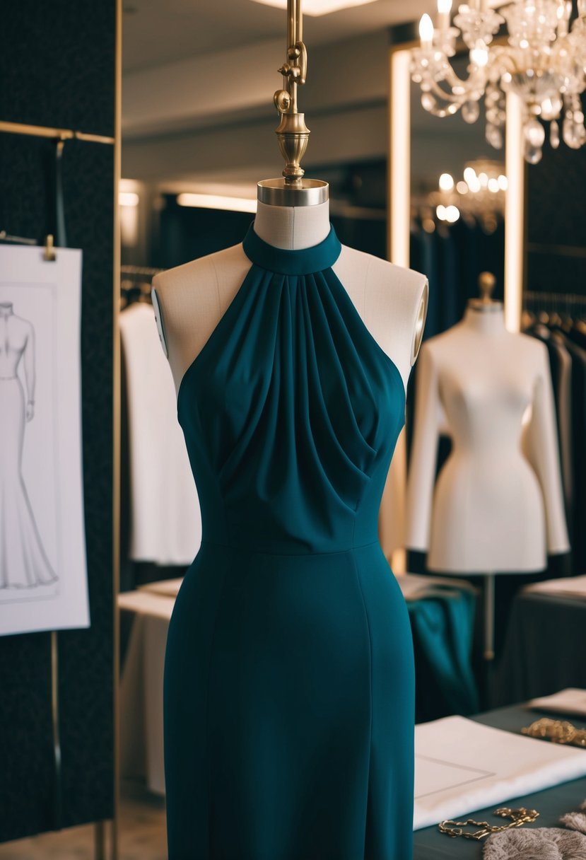 A sleek, elegant high-neck dress hangs on a mannequin in a dimly lit atelier, surrounded by luxurious fabrics and elegant design sketches