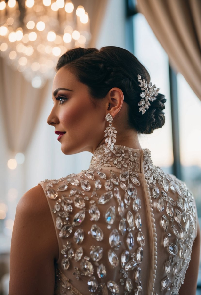 A high neck dress adorned with crystalline clusters, paired with elegant wedding earrings, glistens under soft, romantic lighting