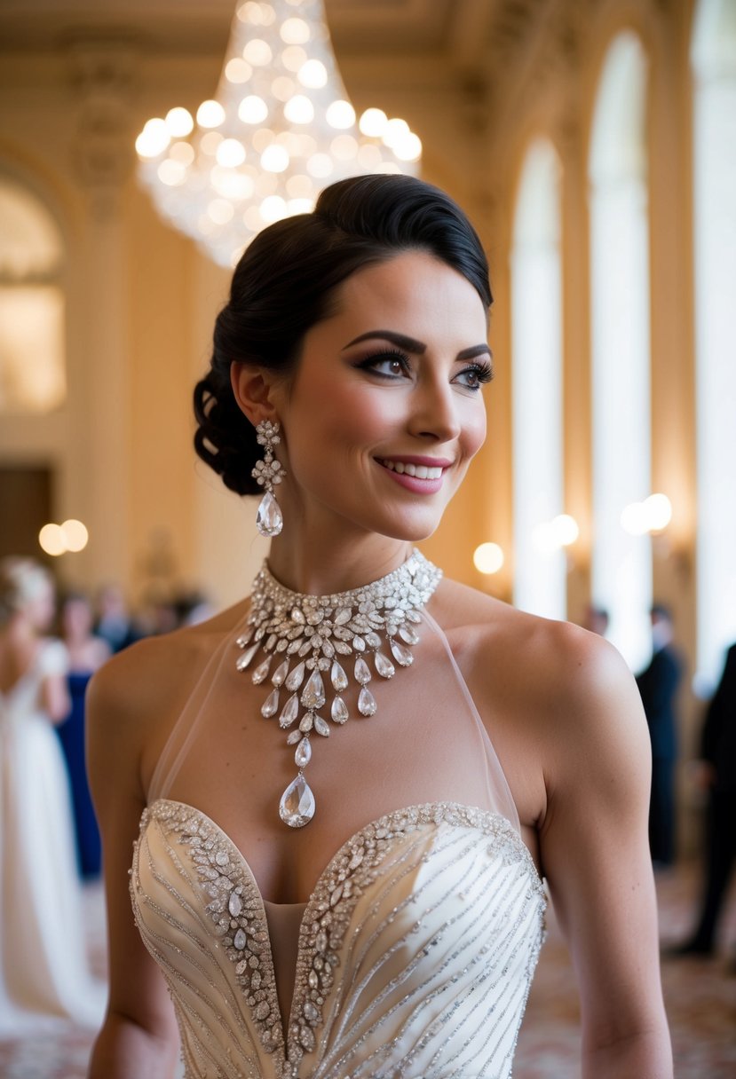 A high-necked dress adorned with Swarovski crystal drops, paired with elegant wedding earrings, shimmering in the soft light of a grand ballroom