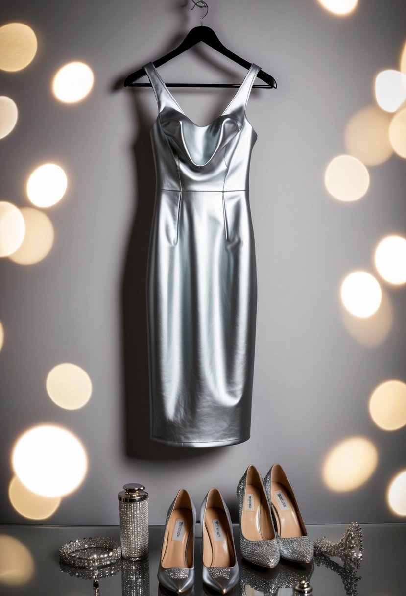 A sleek faux leather party dress hanging on a mannequin, surrounded by sparkling accessories and elegant shoes