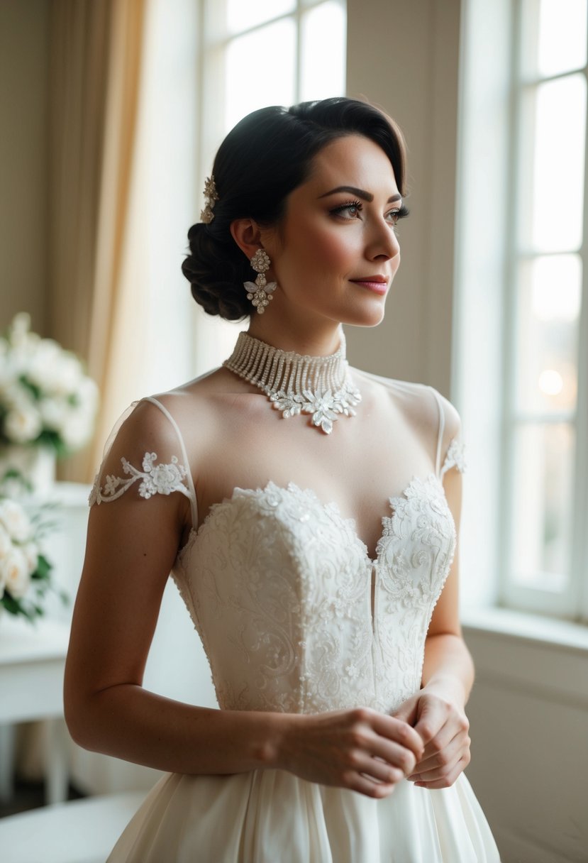 A woman wearing a high-neck vintage-inspired dress, adorned with elegant wedding earrings, standing in a softly lit room