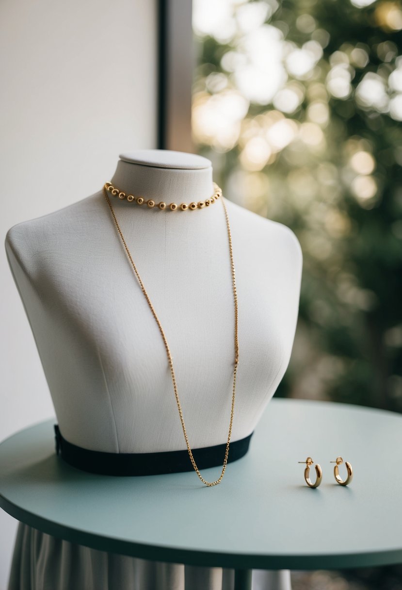 A simple gold studs necklace drapes over a high-necked dress, with minimalist earrings on a table nearby