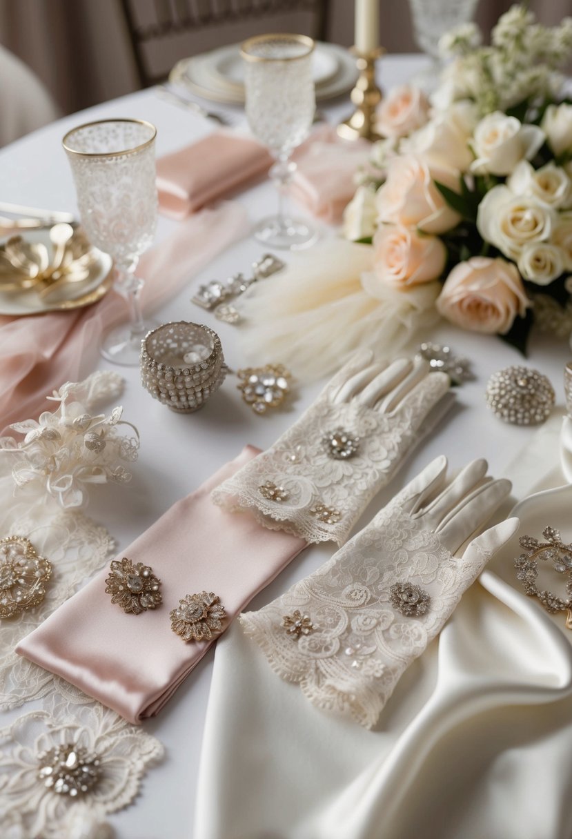 A table scattered with lace, satin, and tulle fabric swatches, adorned with delicate lace gloves and sparkling accessories