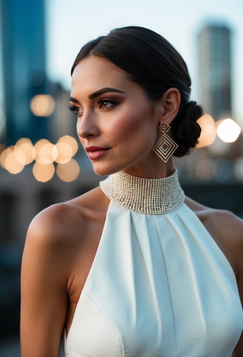 A high-necked dress with geometric earrings, perfect for a wedding