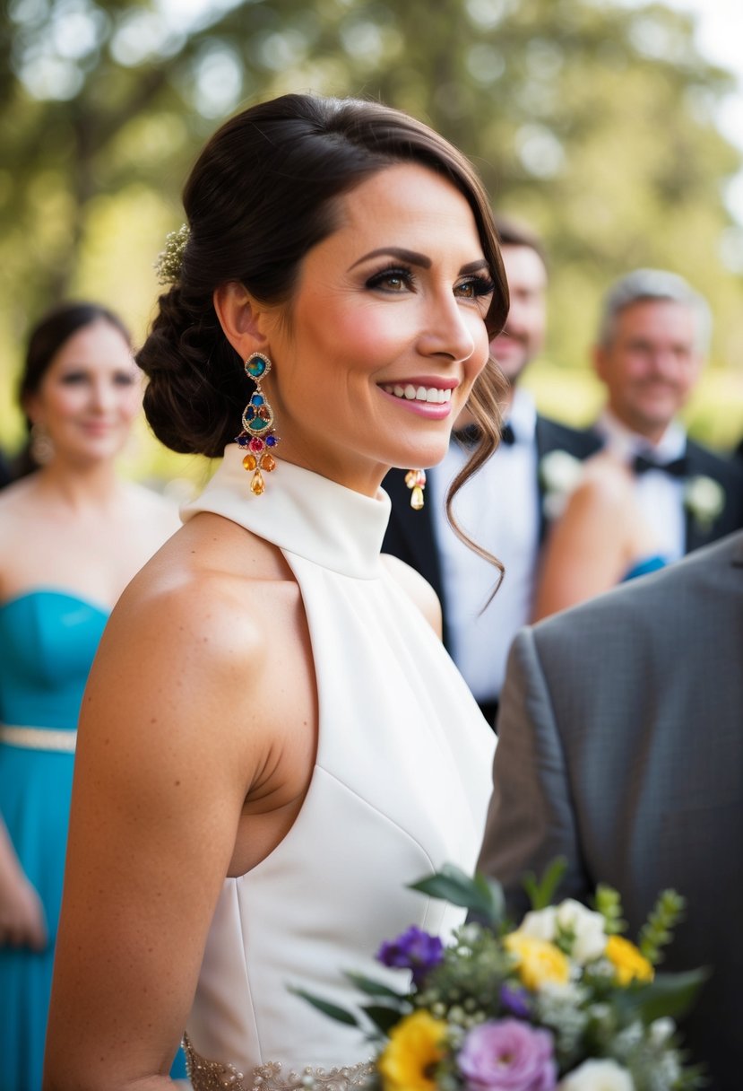 A woman in a high-neck dress wearing colored dangle earrings at a wedding