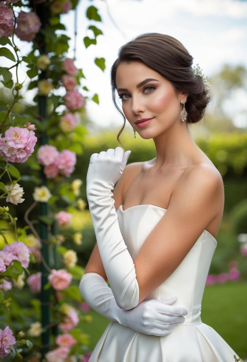 A strapless gown with elbow-length gloves, set against a romantic garden backdrop with blooming flowers and trailing vines