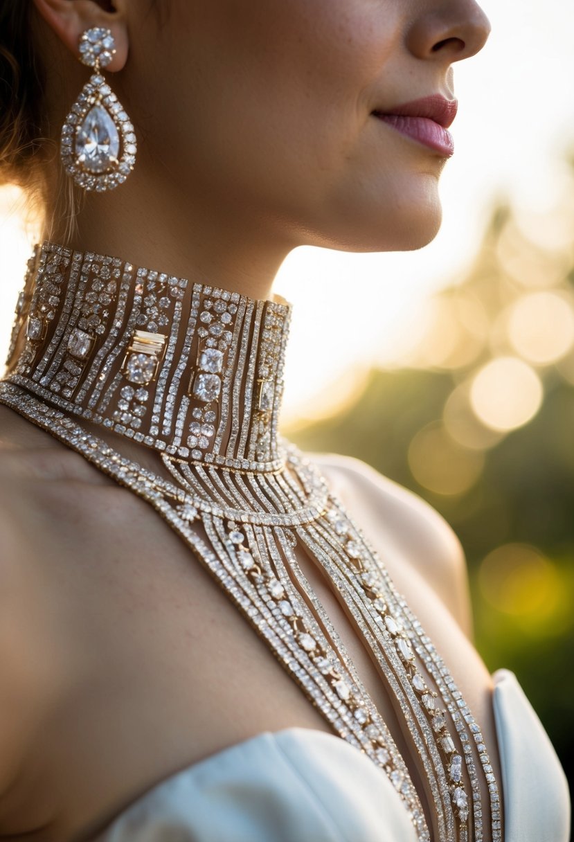 A high-necked dress adorned with diamond studs, paired with elegant wedding earrings, shimmering under soft lighting