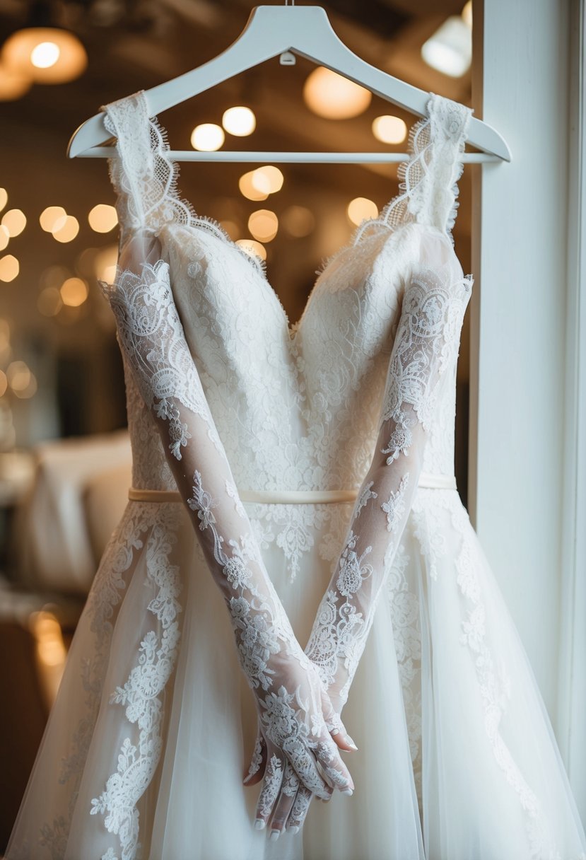 A lace wedding dress hangs on a mannequin, adorned with delicate fingerless lace gloves, creating an elegant and romantic bridal ensemble