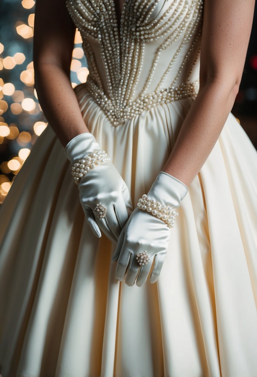 A vintage-look gown with pearl-studded short gloves