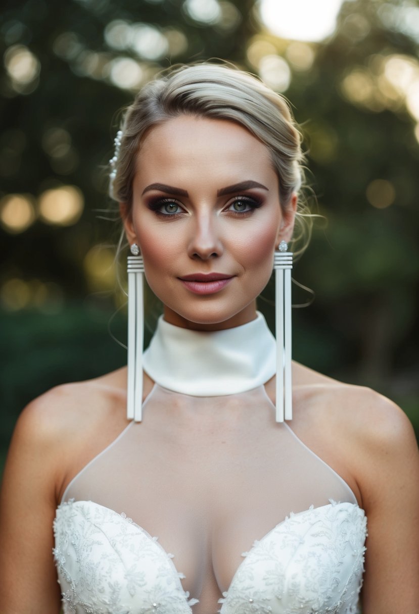 A woman in a high neck wedding dress wearing long linear earrings