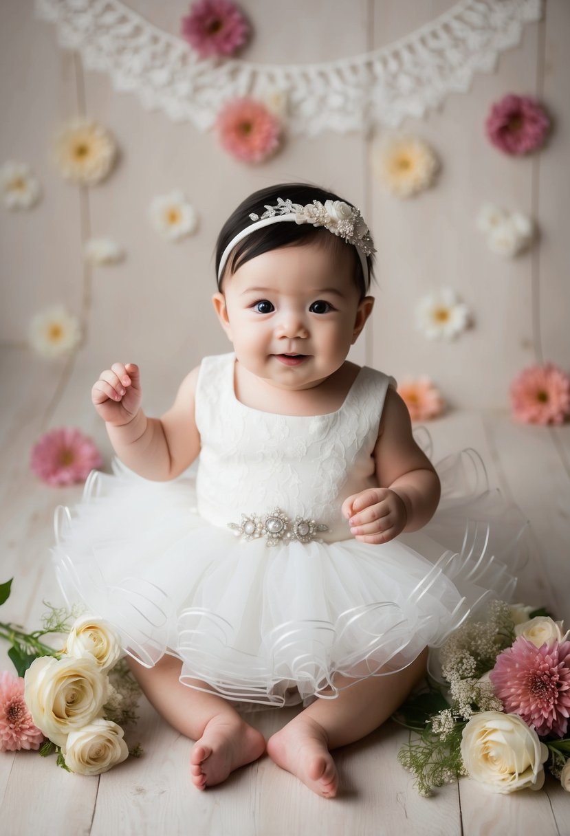 A 6-month-old baby girl wearing a white frilly wedding dress, surrounded by delicate lace and flower accents