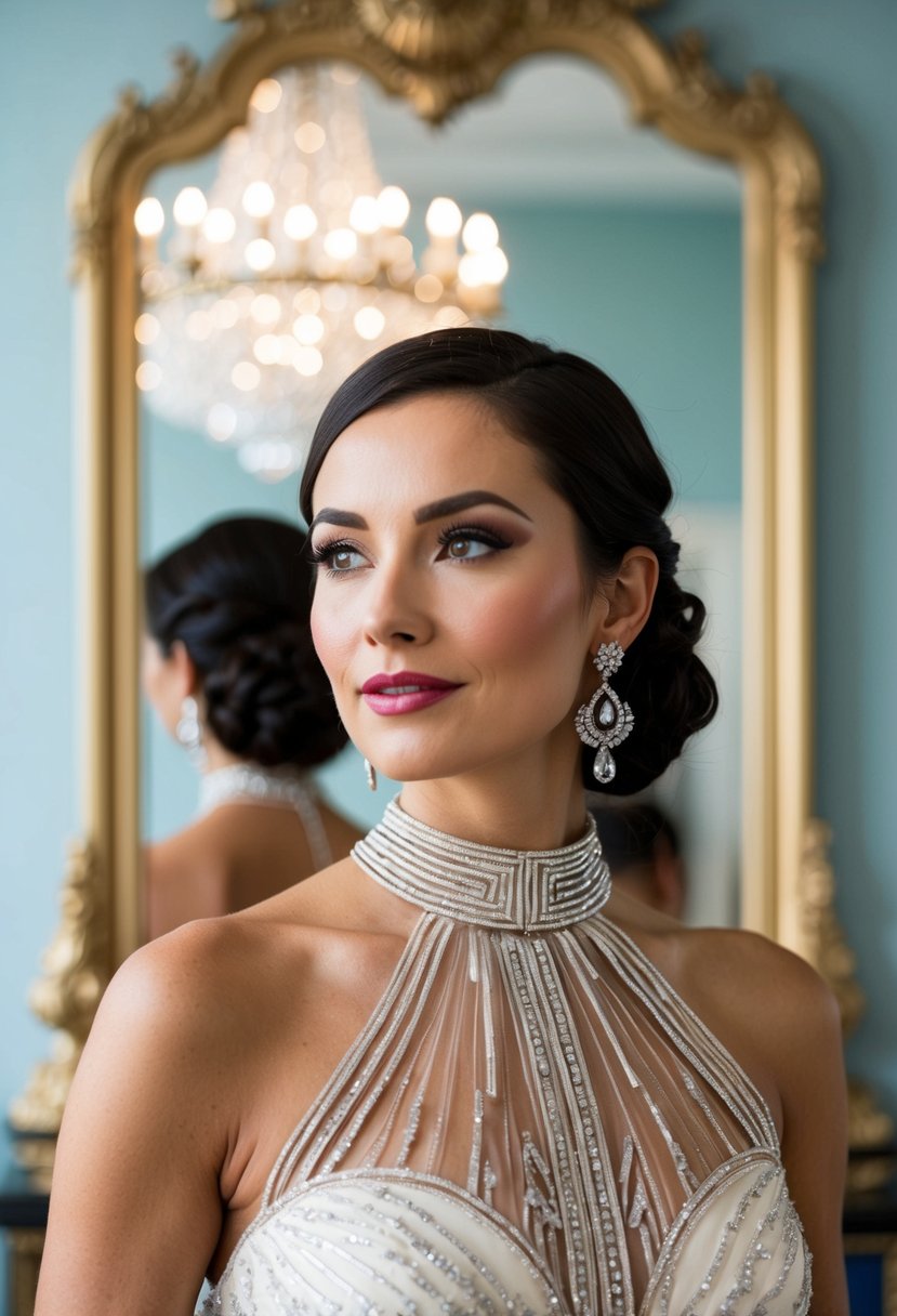 A woman in an Art Deco style high neck dress, adorned with elegant wedding earrings, standing in front of a grand, ornate mirror