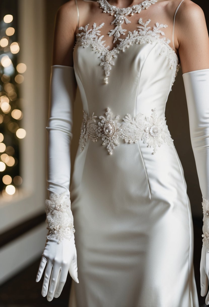 A simple sheath dress paired with long satin gloves, adorned with delicate lace and intricate beading, creating an elegant and timeless wedding ensemble