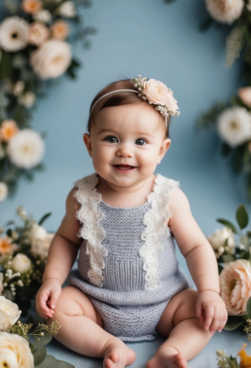 A 6-month baby girl wearing a knit romper with delicate lace details, surrounded by floral decorations and wedding-themed elements