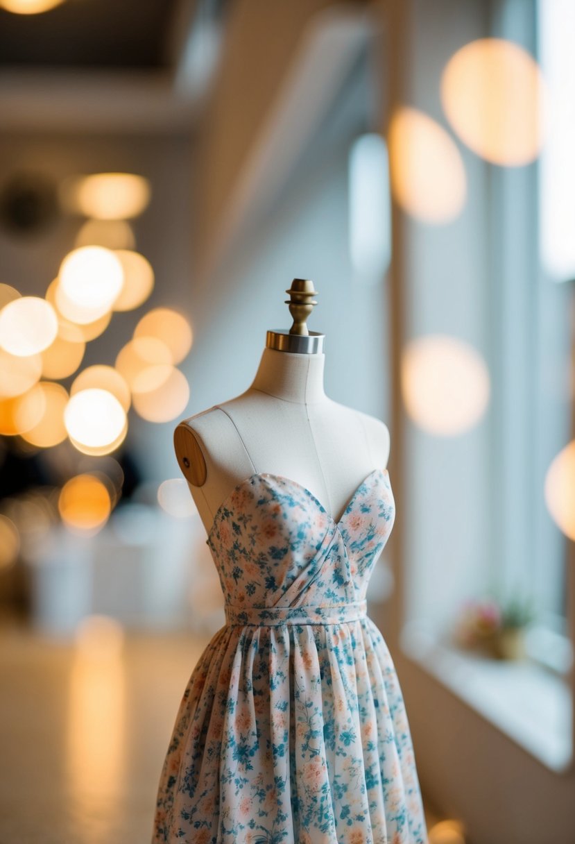 A delicate floral bullions dress draped over a miniature mannequin