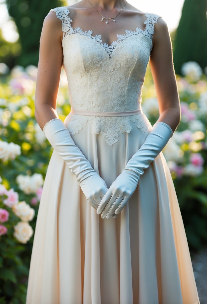 A tea-length dress with lace details paired with elegant wrist-length gloves, set against a romantic garden backdrop