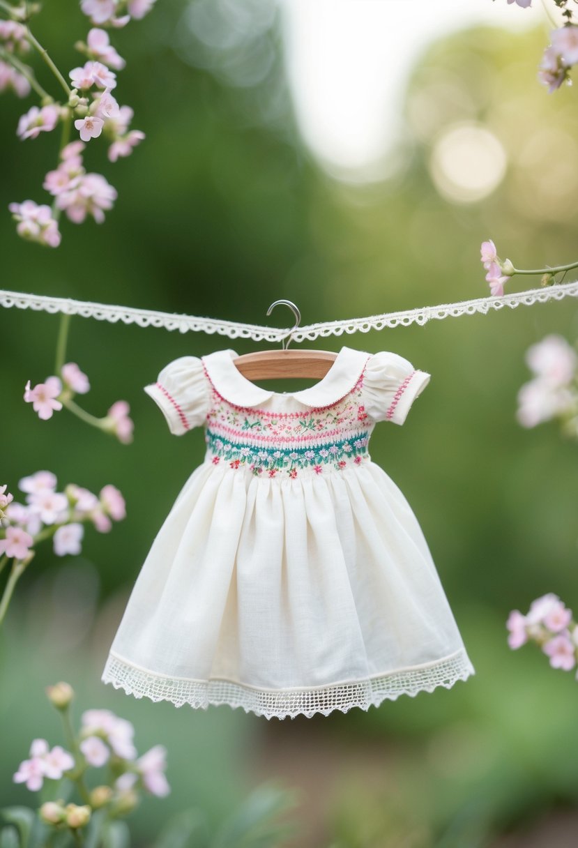 A delicate vintage-inspired smocked dress hanging on a miniature clothesline, surrounded by tiny floral accents and lace trim