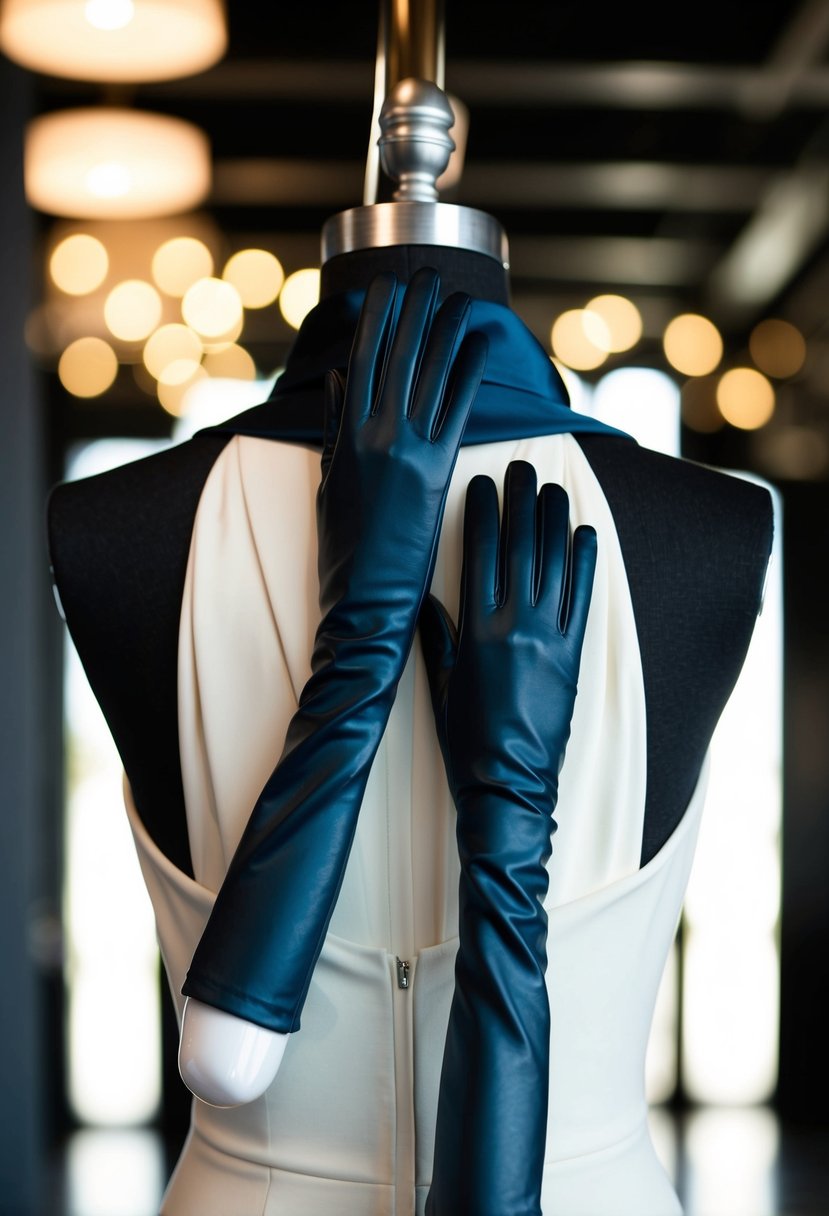 A cowl back dress hangs on a mannequin, paired with sleek modern gloves. The dress exudes elegance and sophistication, while the gloves add a contemporary touch