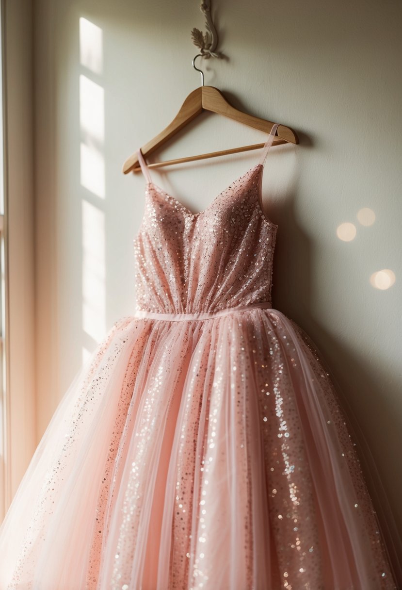 A soft pink tulle dress adorned with shimmering sequins, hanging on a delicate hanger in a sunlit room