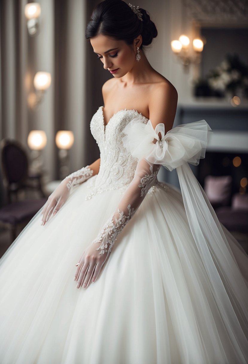 A ball gown with detachable tulle bridal gloves, cascading down from the sleeves, adding an elegant touch to the wedding dress