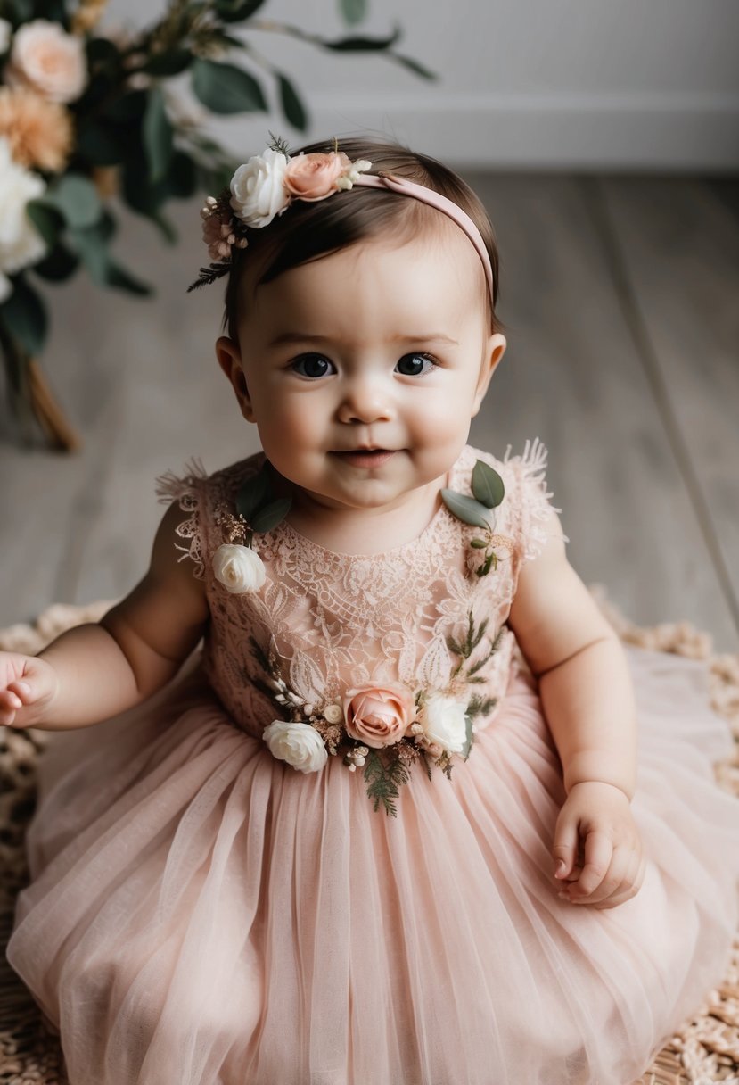 A delicate, bohemian-inspired blush dress adorned with lace and floral details, perfect for a 6-month-old baby girl at a wedding