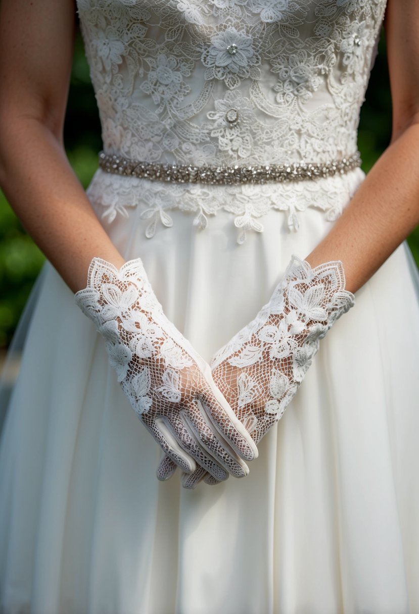 Ivory fingerless gloves paired with lace wedding dress