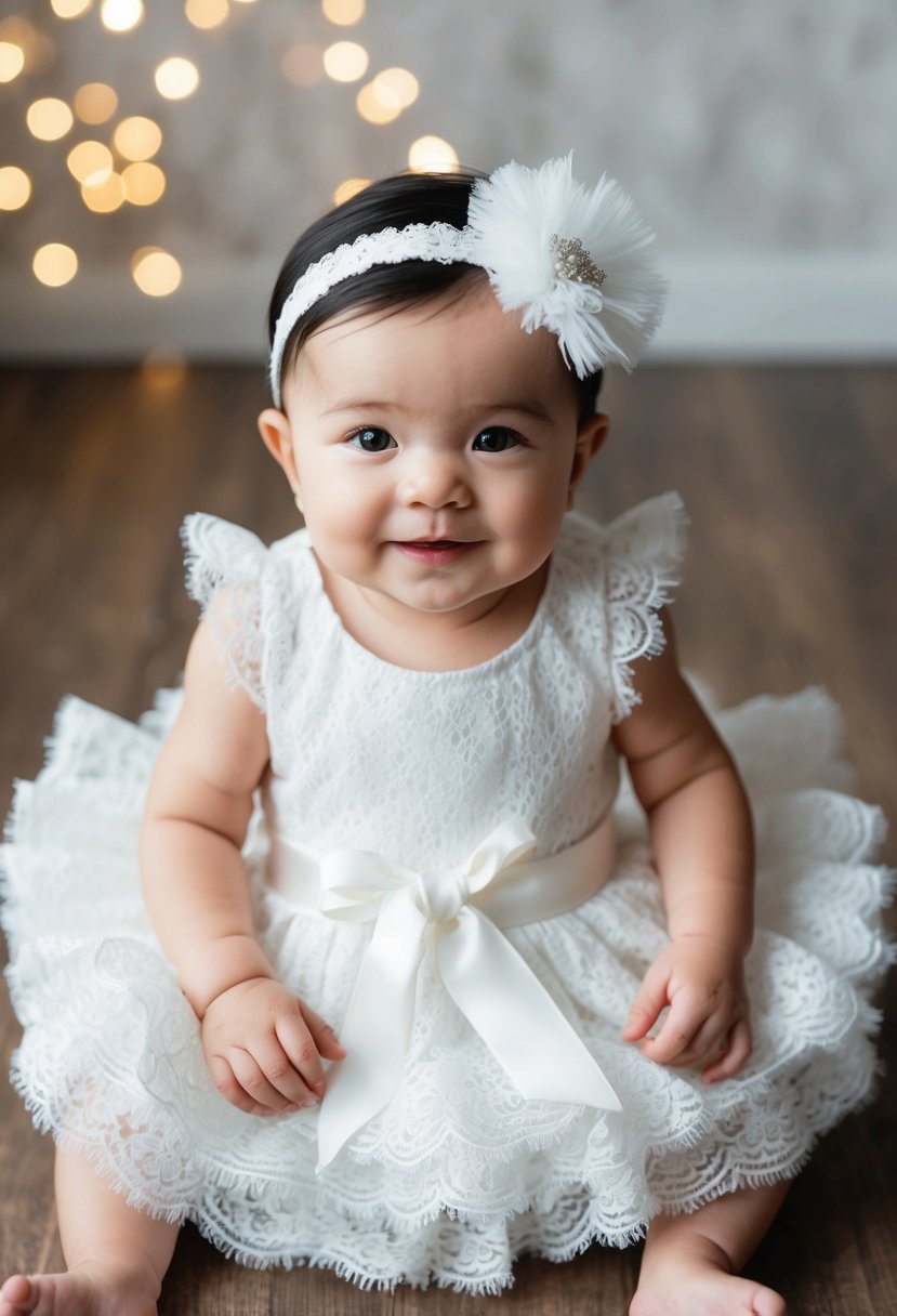 A delicate white lace bubble outfit for a 6-month-old baby girl, perfect for a wedding, with frilly details and a matching headband