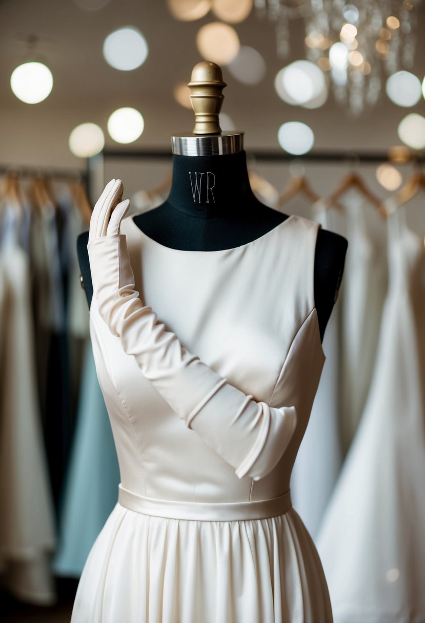 A mannequin wearing a cocktail-style dress with delicate elbow-length gloves, surrounded by various wedding dress ideas