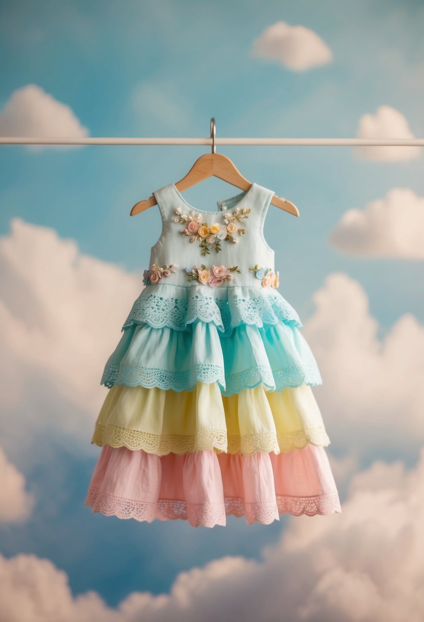 A soft cotton layered frock in pastel colors, adorned with delicate lace and floral embellishments, hanging on a miniature hanger against a backdrop of soft, dreamy clouds