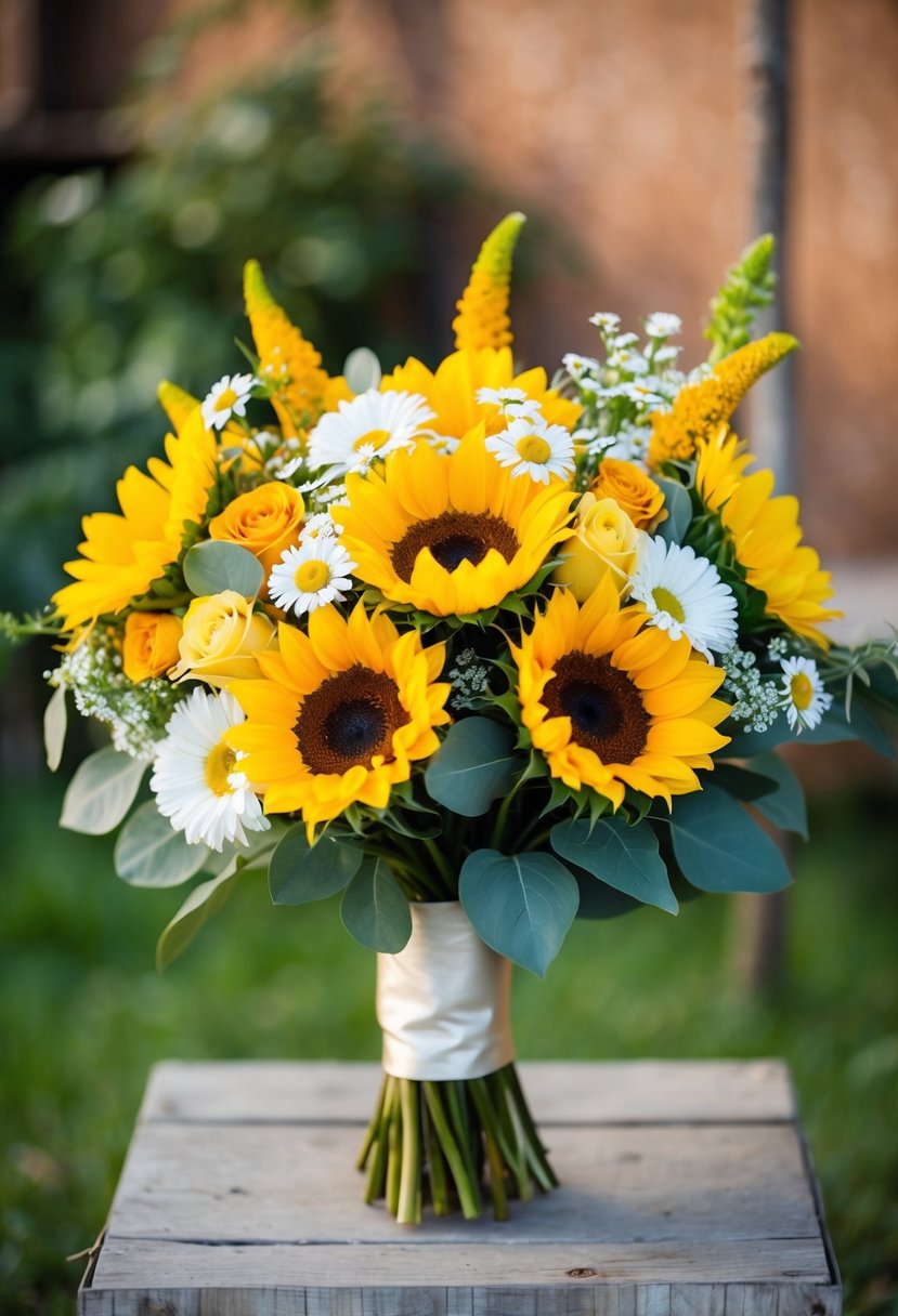 A vibrant yellow wedding bouquet with sunflowers, roses, and daisies in a rustic, outdoor setting