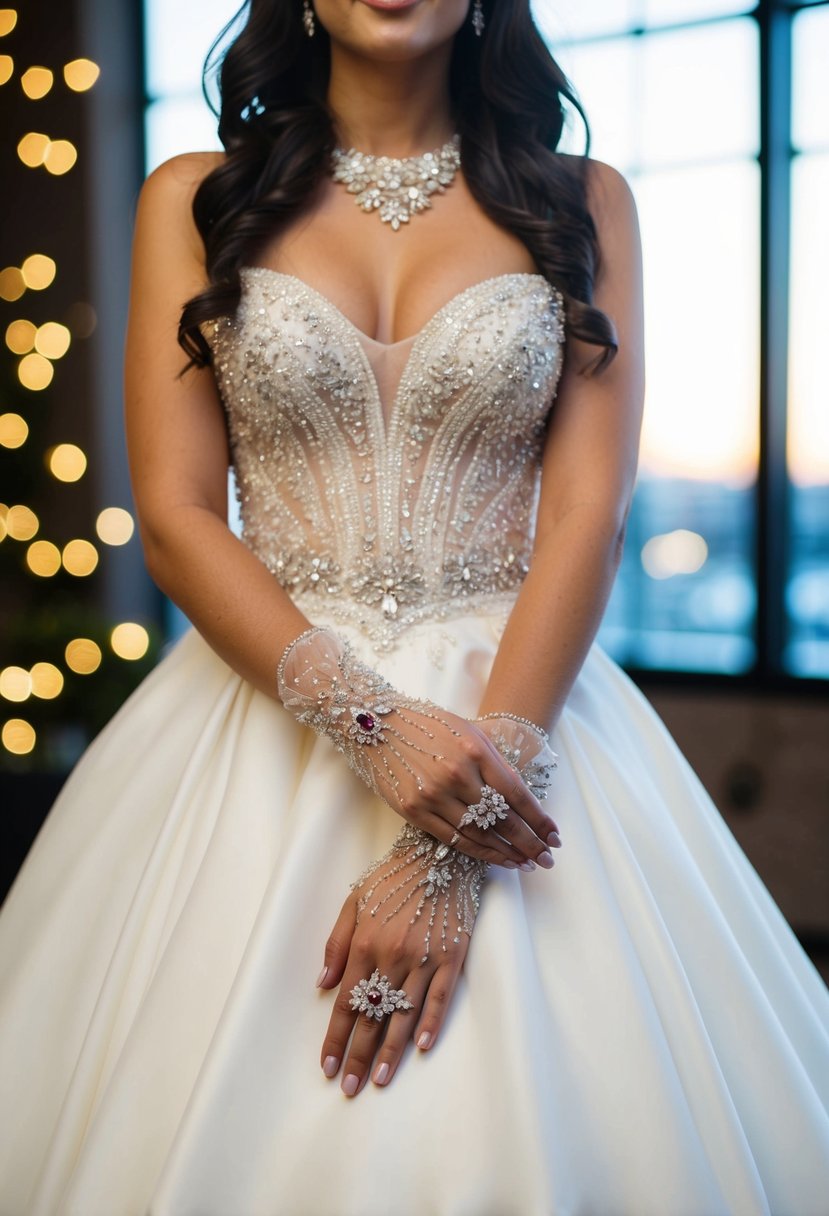 A bridal gown adorned with jeweled gloves, sparkling under soft lighting