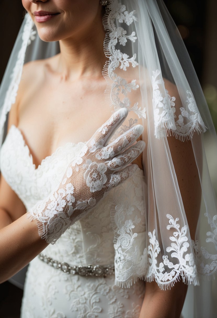 A lace-gloved hand reaches out to adjust a Juliet veil on a wedding dress, adding a romantic touch to the elegant ensemble